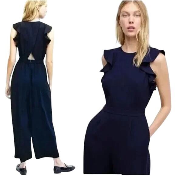 J. Crew Sleeveless Navy Ruffle Open Back Jumpsuit Pockets in 365 Crepe Size 2 - Picture 1 of 7